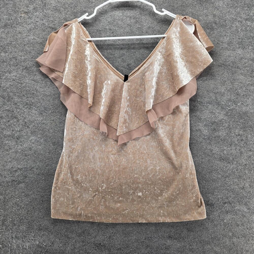 White House Black Market Tank Top Womens XS Beige Velvet Ruffle V Neck Party
